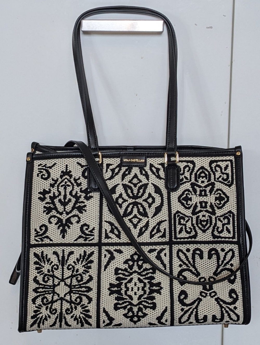 Viola Castellani Crochet Leather Trim Tote/ Shoulder/ Crossbody Bag Cream/Black